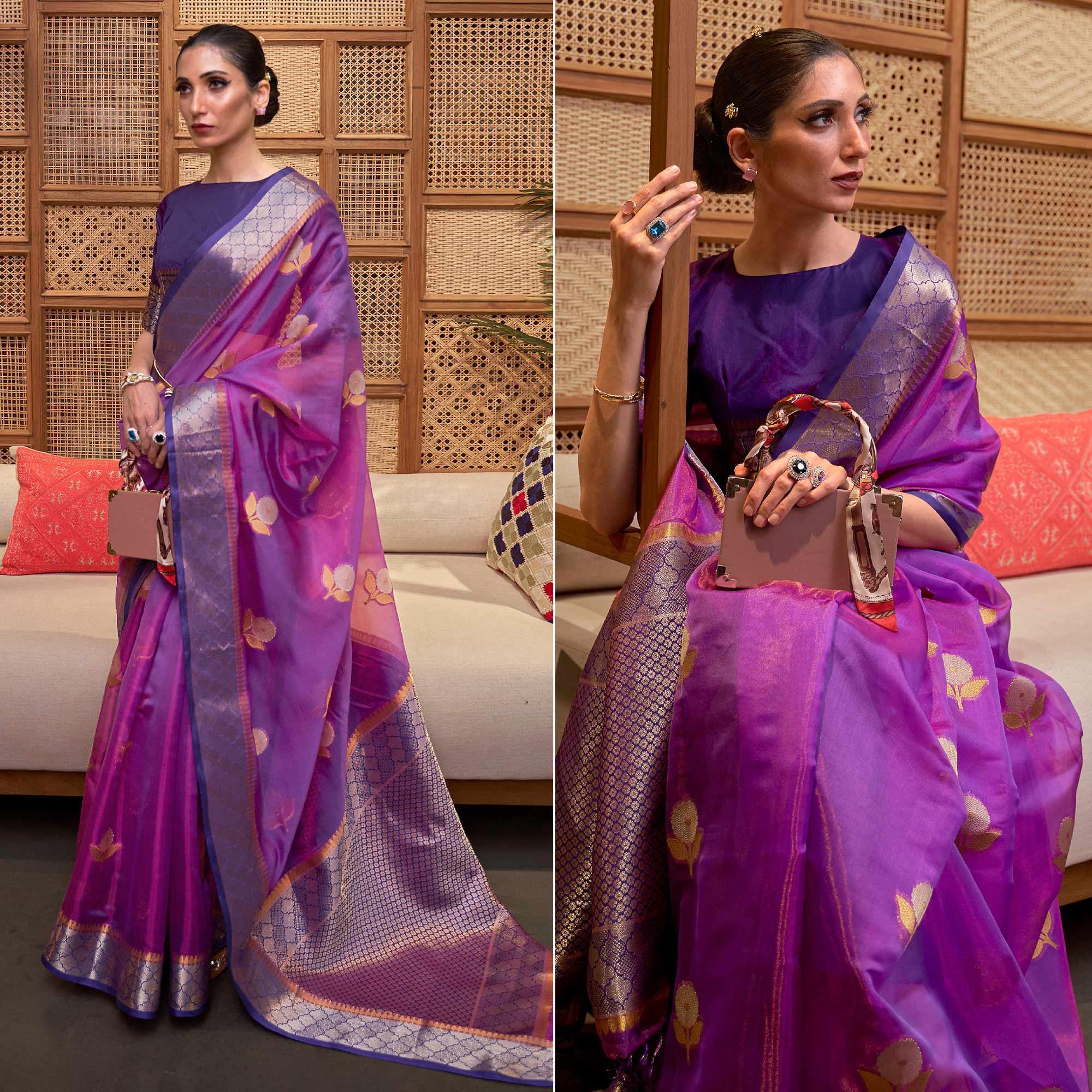 Purple Woven Organza Saree With Tassels