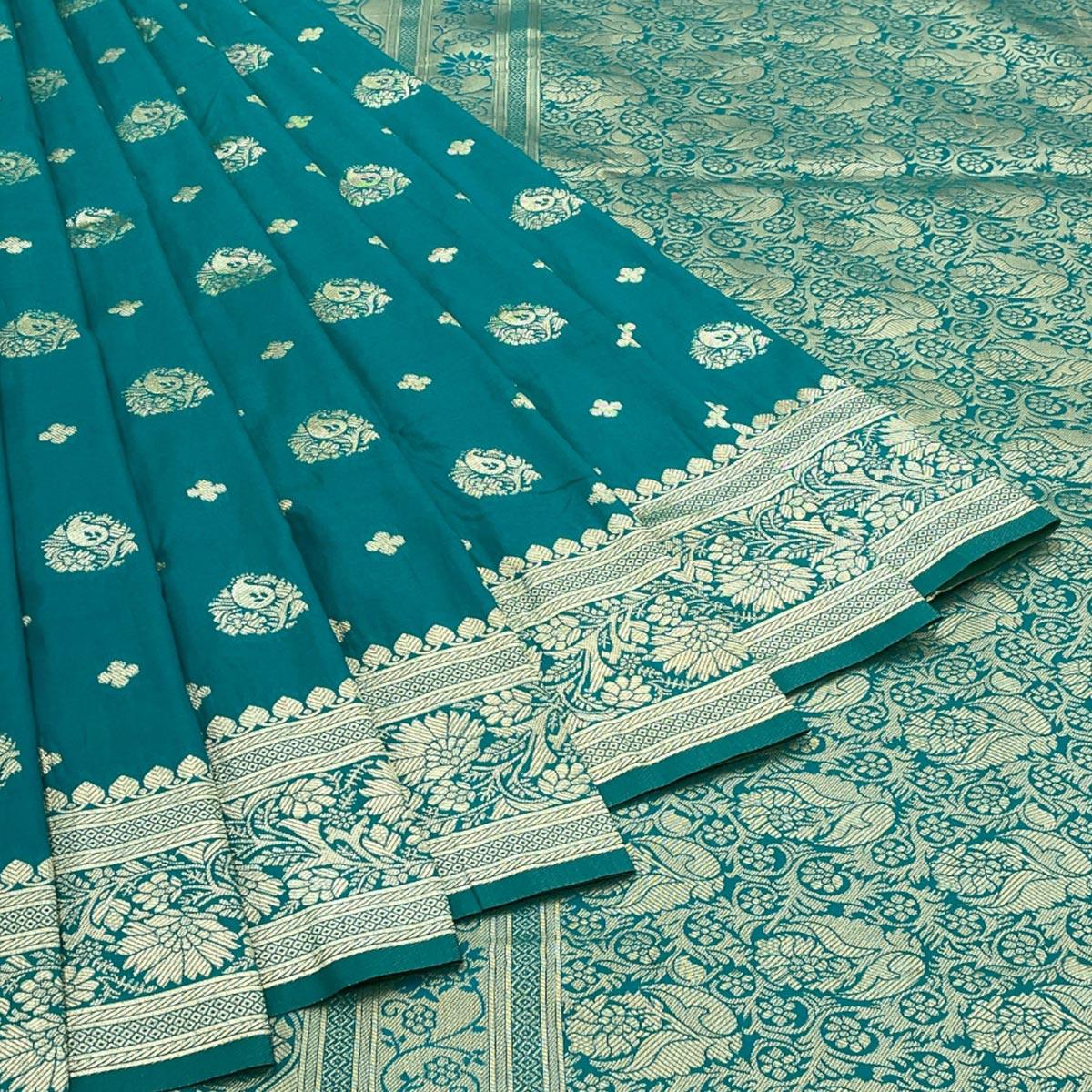 Rama Blue Floral Zari Woven Art Silk Saree