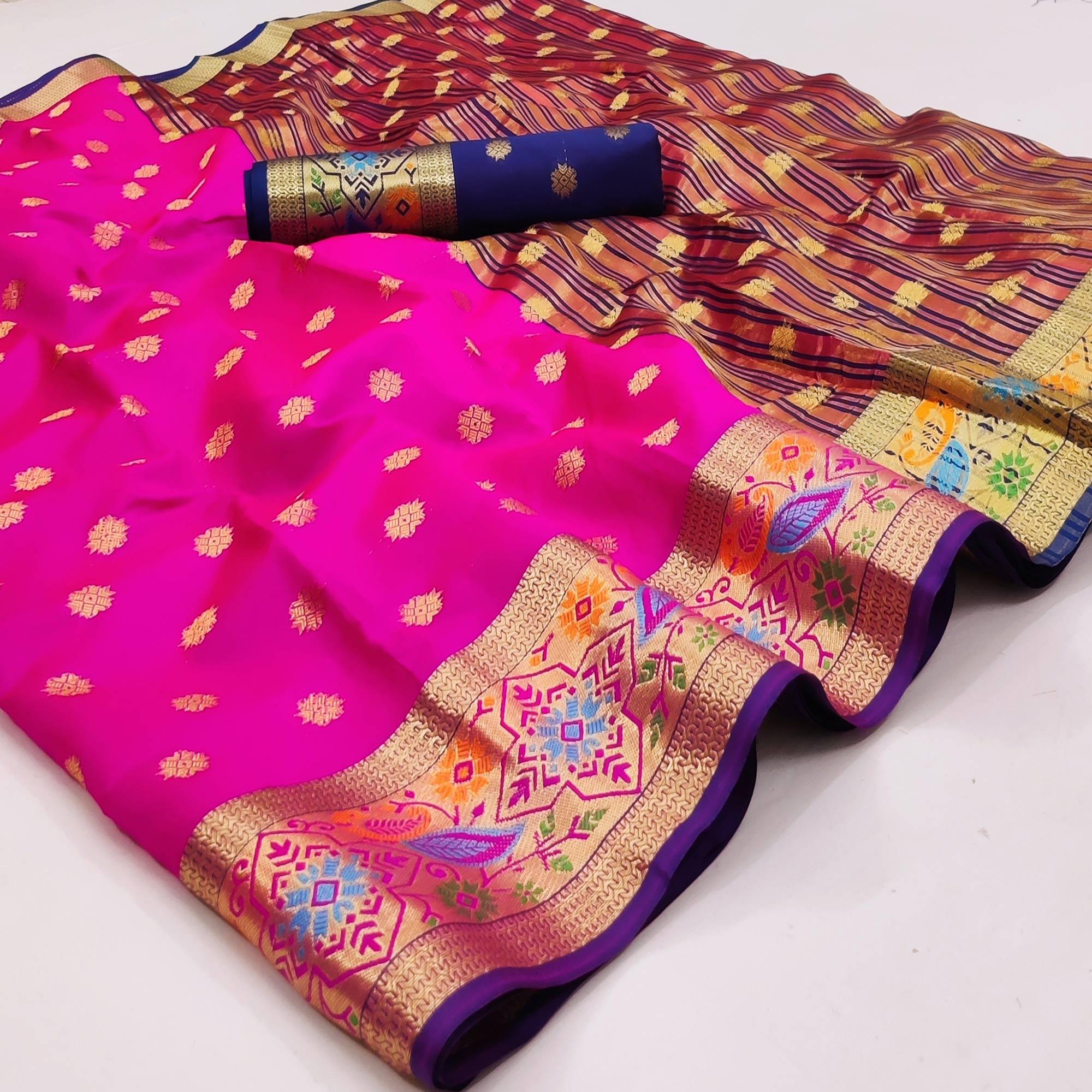 Sari Fabric Full Length ~ Fuschia Pink Navy Blue — Colors by Padmini