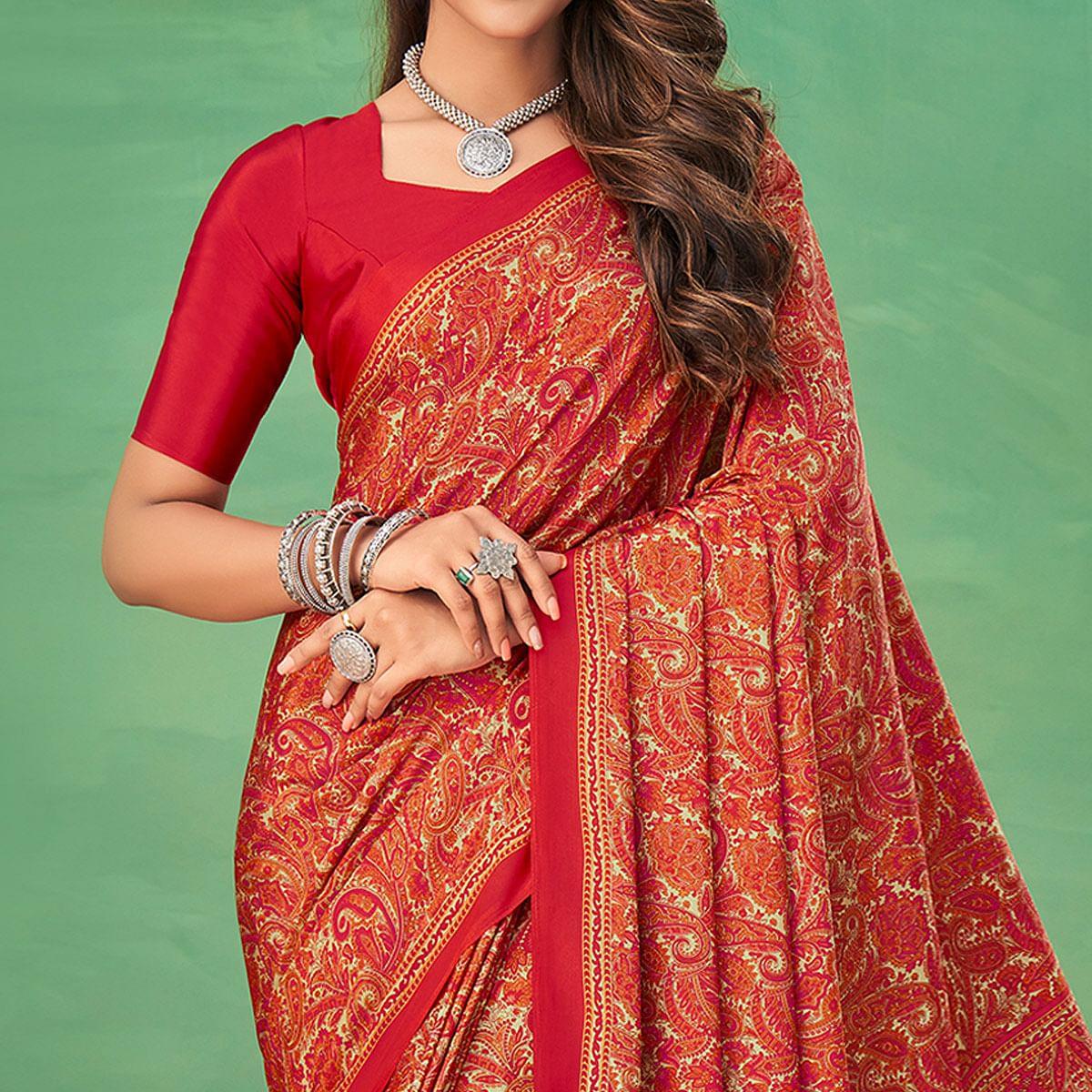 red casual wear printed silk saree peachmode 2 db892475 7f16 42fc b8f4 cb387b71e1fa