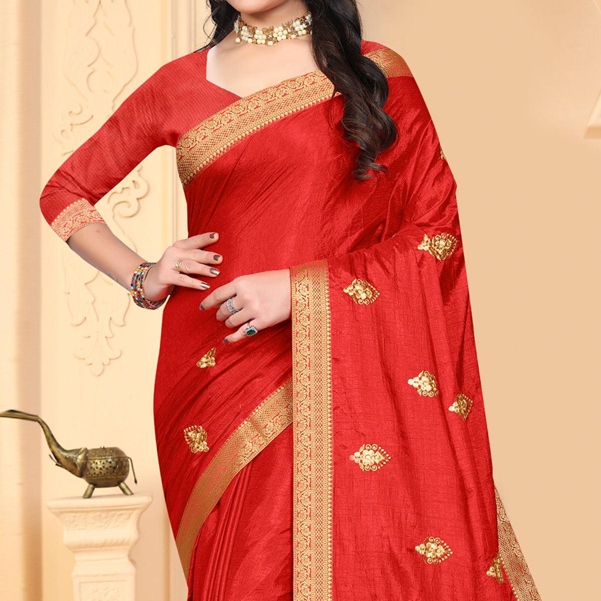 Buy Red Vichitra Silk Solid Saree With Blouse Piece Online. – Odette