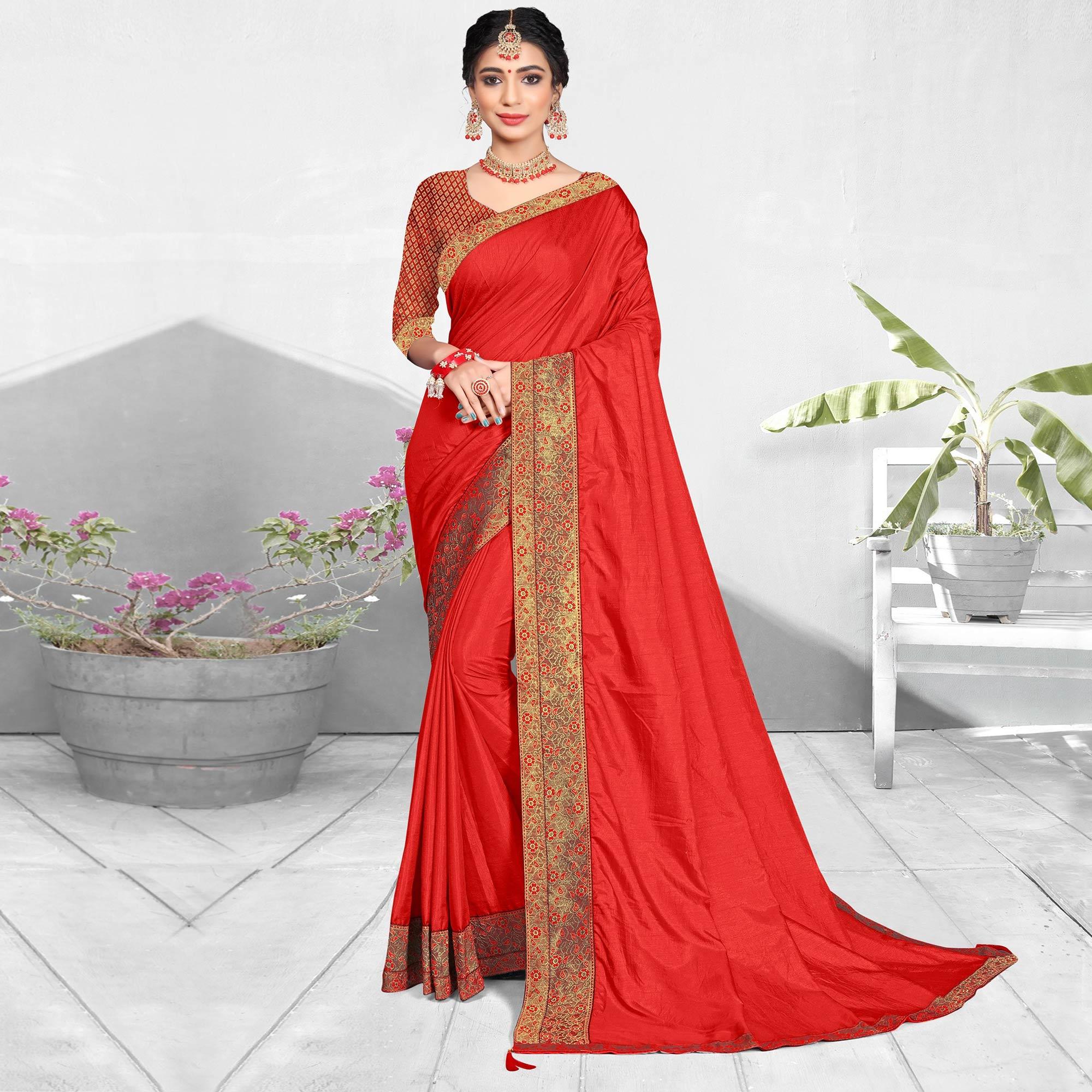 Buy Red Vichitra Silk Solid Saree With Blouse Piece Online. – Odette