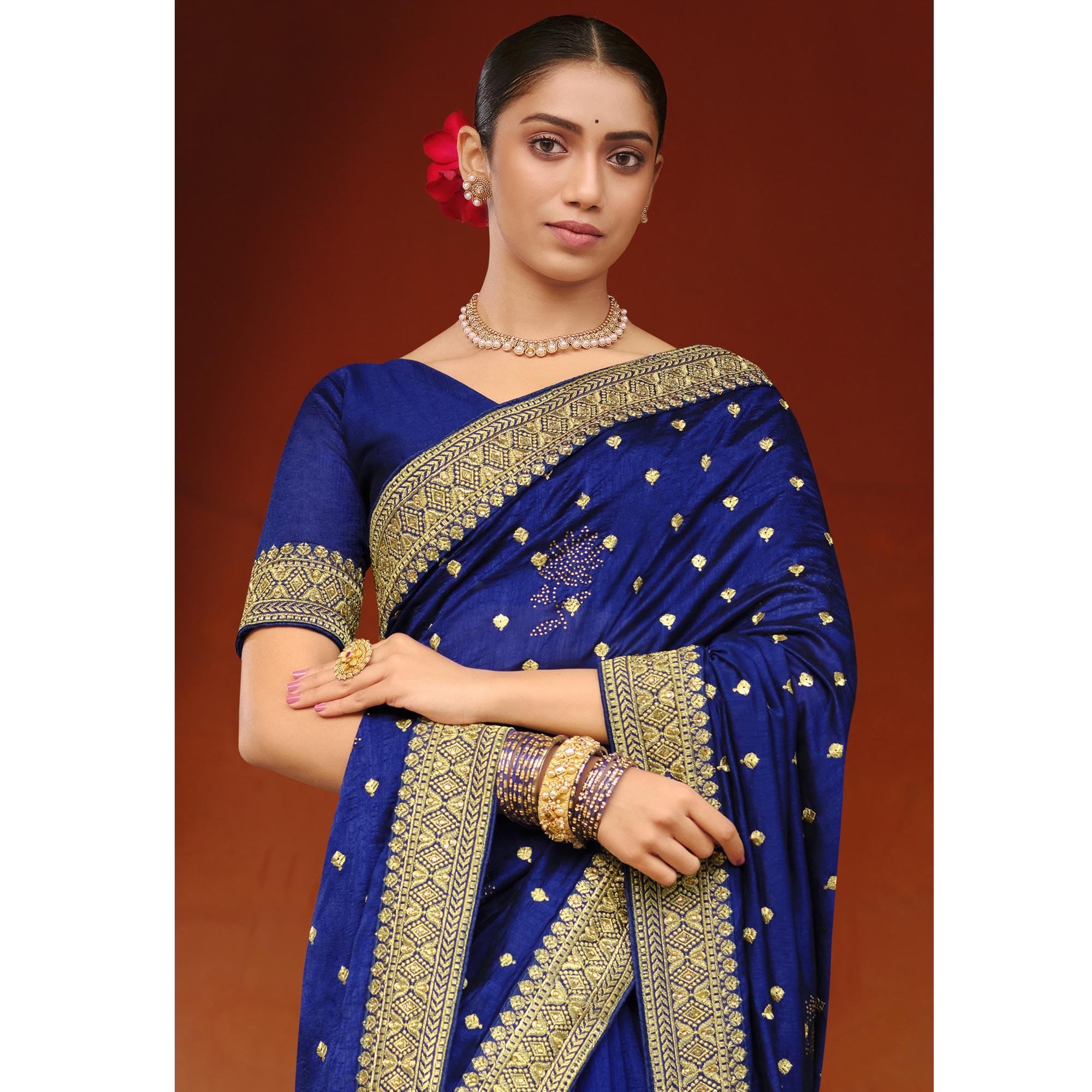Royal Blue Embroidered Vichitra Silk Saree