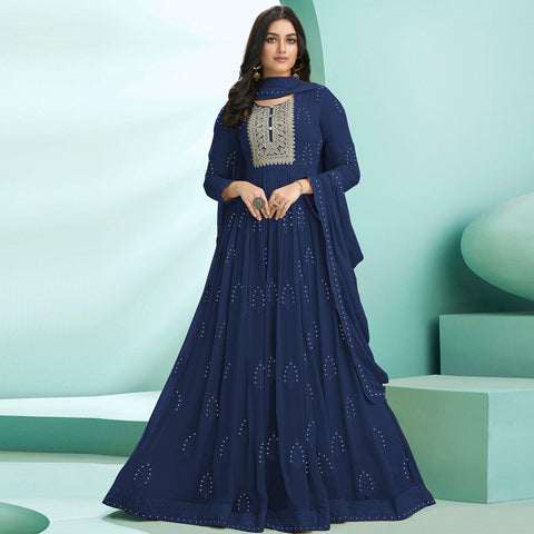 Printed Silk Gown Dress in Blue - GW0530