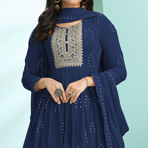 navy blue embroidered pure raw silk party wear gowns - SARYU E FABRIC -  1748165
