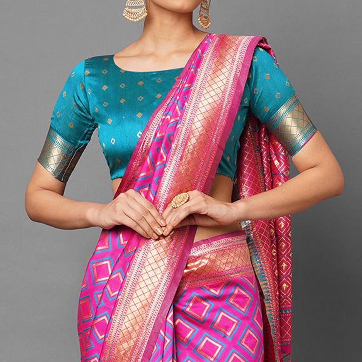 Sareemall Pink Festive Wear Silk Blend Woven Border Saree With Unstitched Blouse