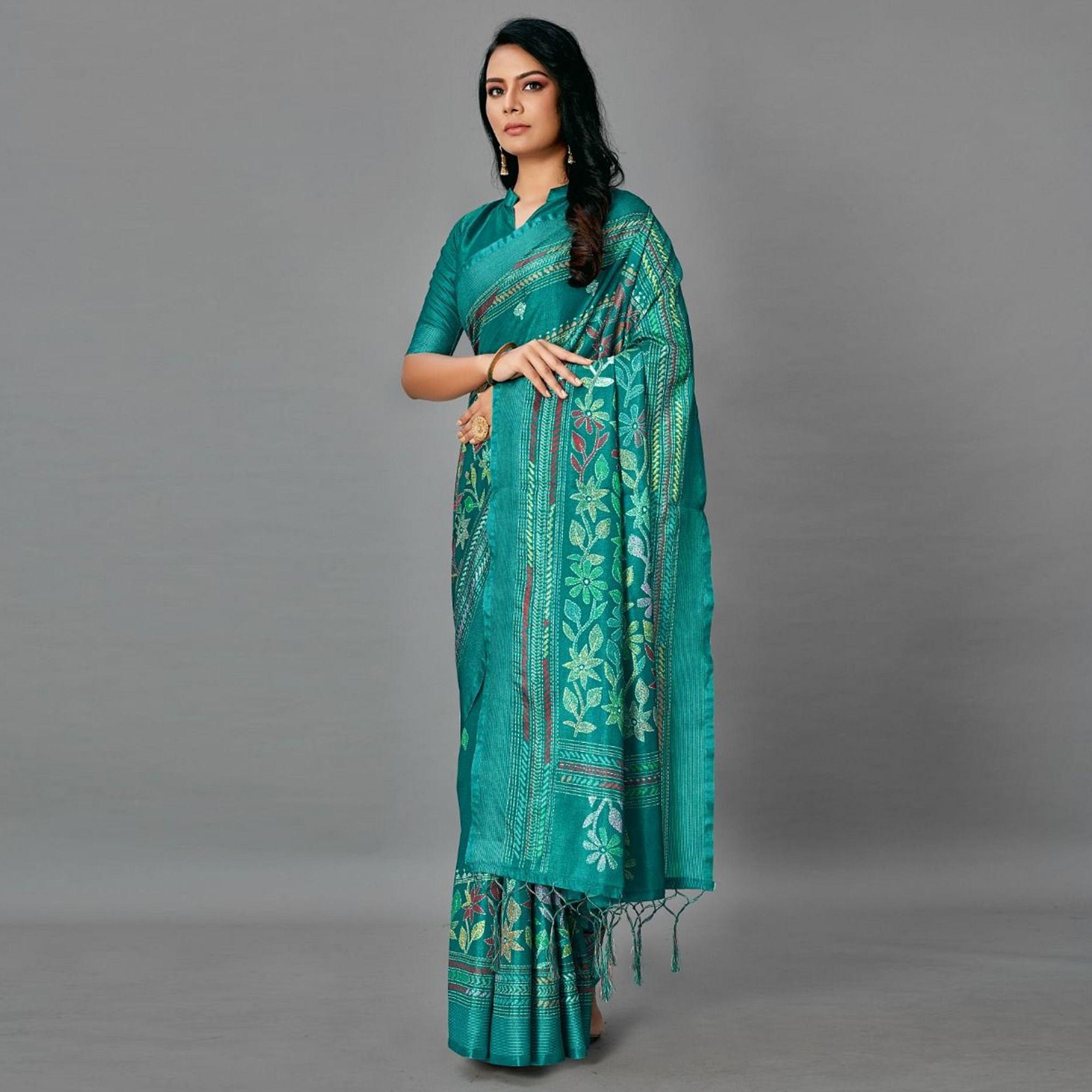 Sea Green Casual Art Silk Printed Saree With Unstitched Blouse - Peachmode