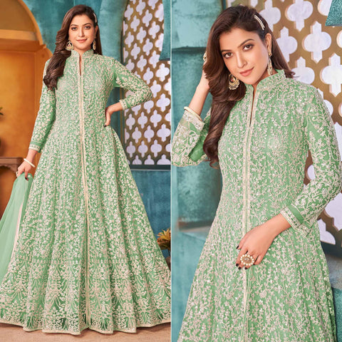 Soft Butter Net Wedding Wear Readymade Gown In Light Green With Swarovski  Work - Anarkali Suits