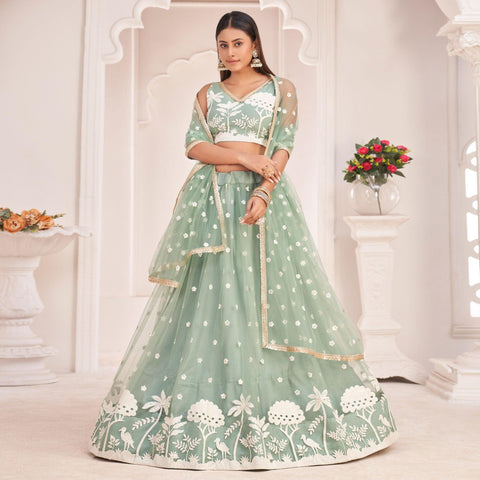 Olive Green Wedding Wear Woven-Embellished Banarasi Silk Lehenga Choli