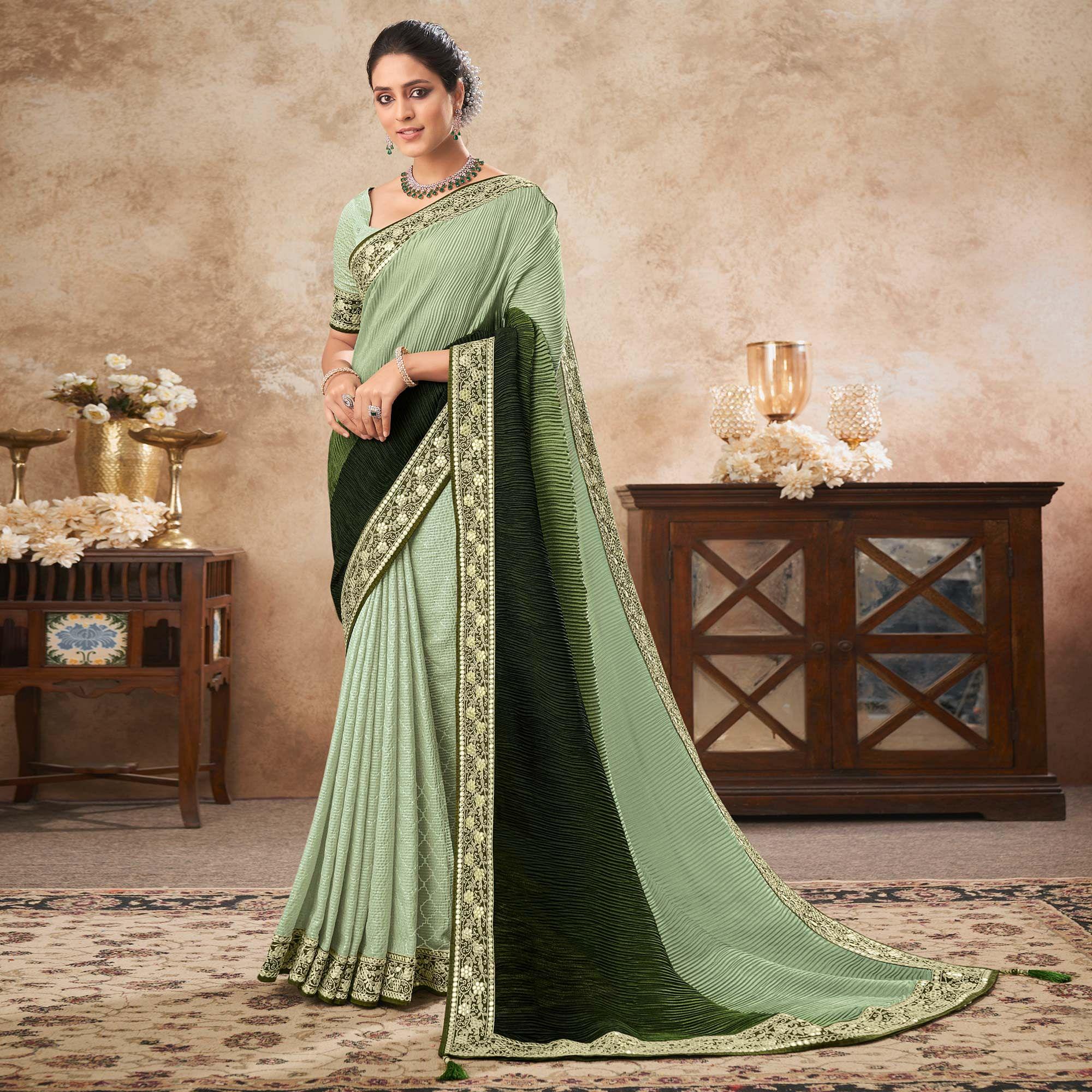 Shaded Green Sequence Embroidered Chiffon Half & Half Saree