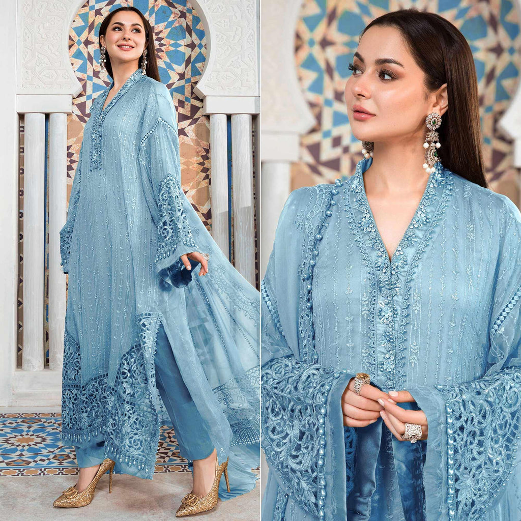 Sky Blue Embellished With Embroidered Georgette Pakistani Suit