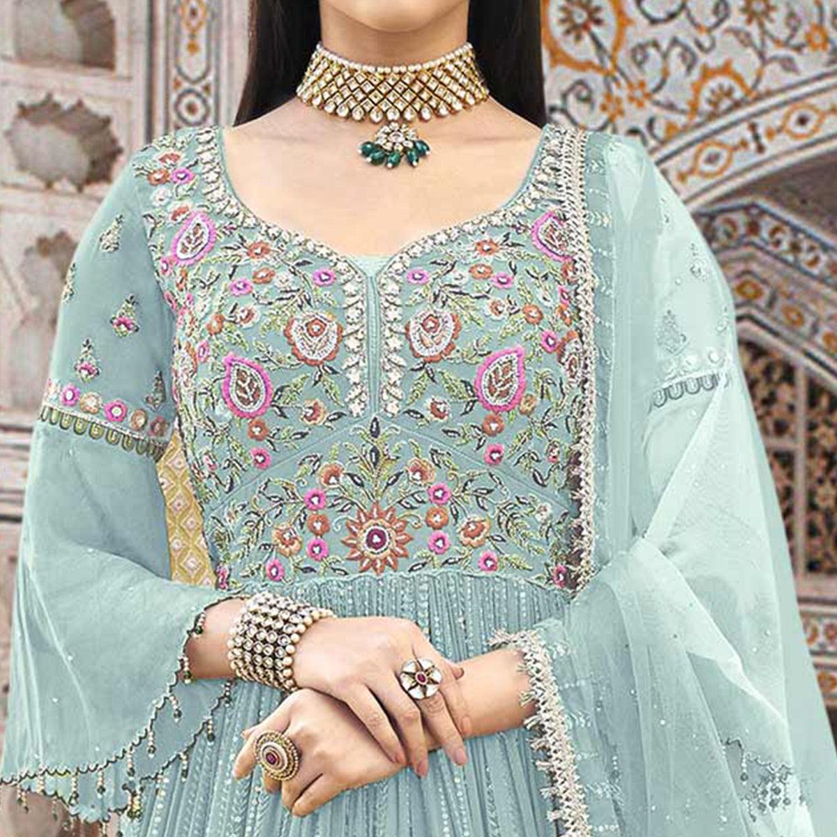 Sky Blue Embroidered With Embellished Georgette Anarkali Style Gown