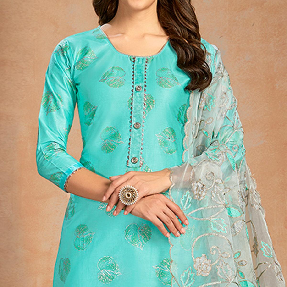 Staring Turquoise Blue Colored Partywear Embroidered Pure Cotton ...