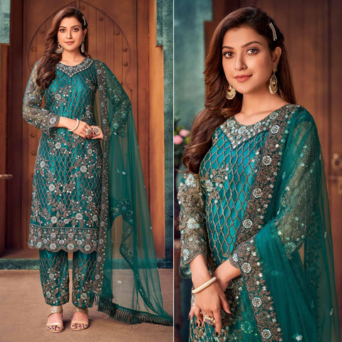 teal green embroidered netted pakistani suit peachmode 1 large