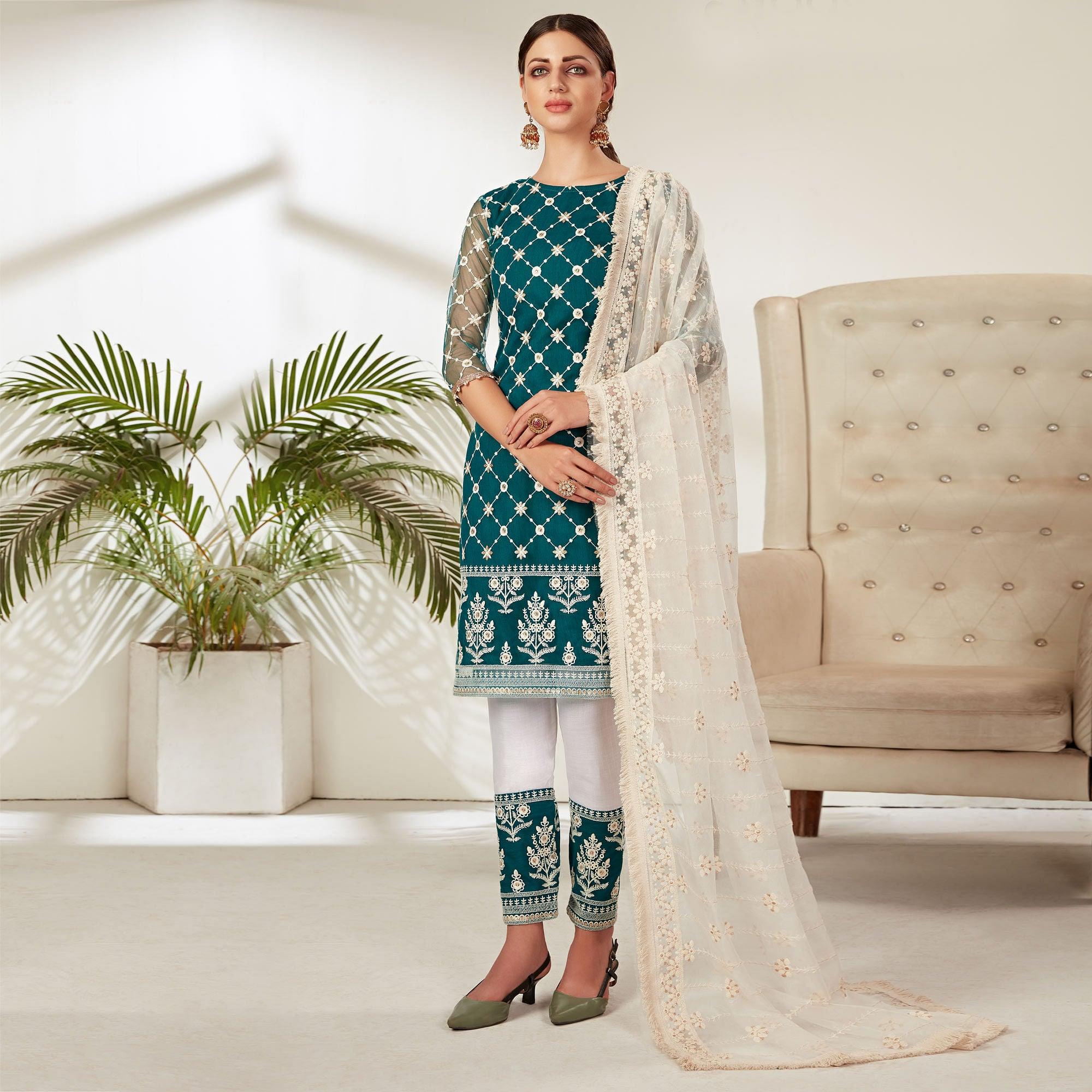 Net Embroidery Palazzo Pant Suit In Sky Blue Colour - SM5630054