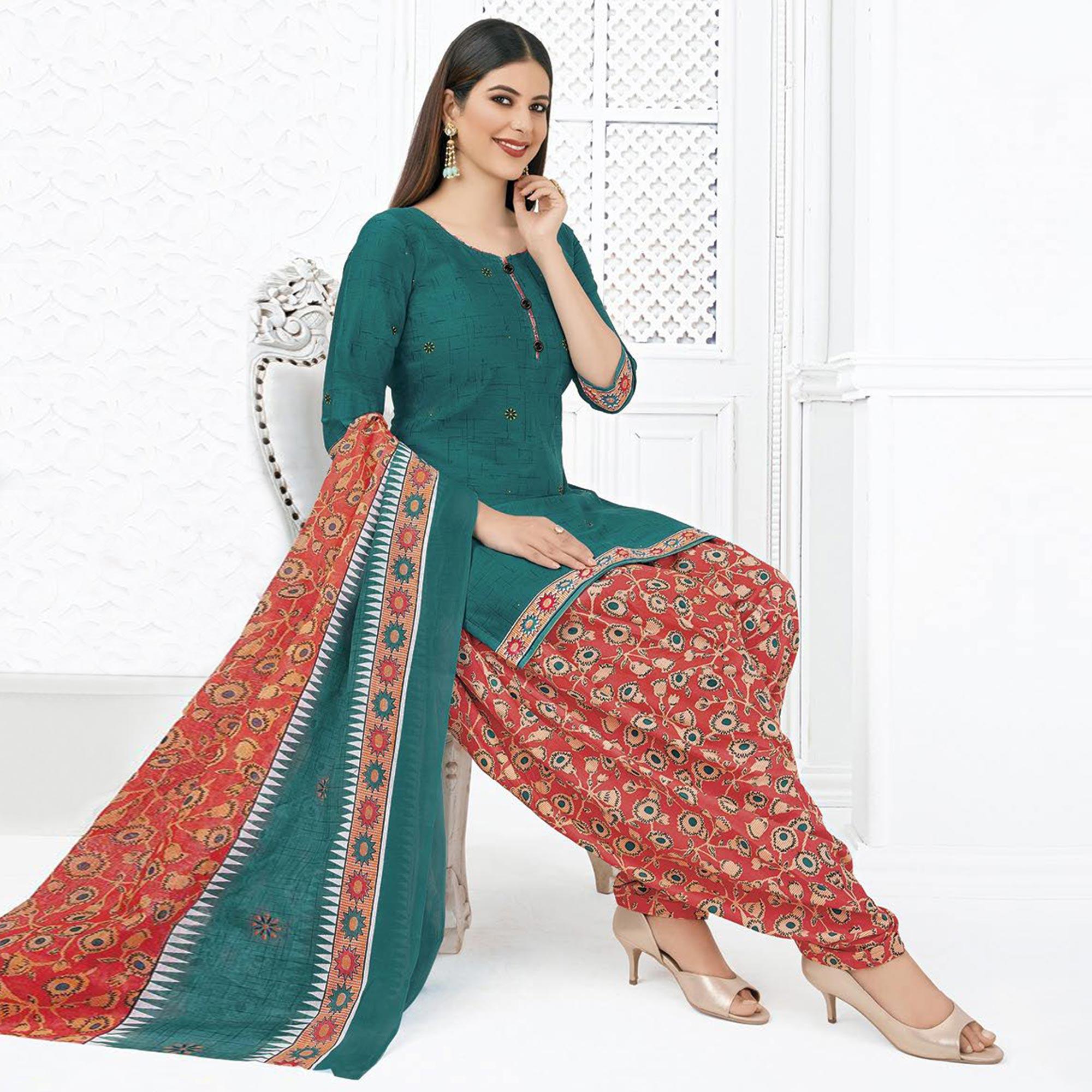 Turquoise Printed Pure Cotton Stitched Patiala Suit