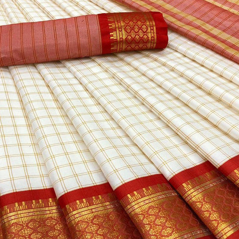 white and red checks with woven border cotton silk saree peachmode 2 large