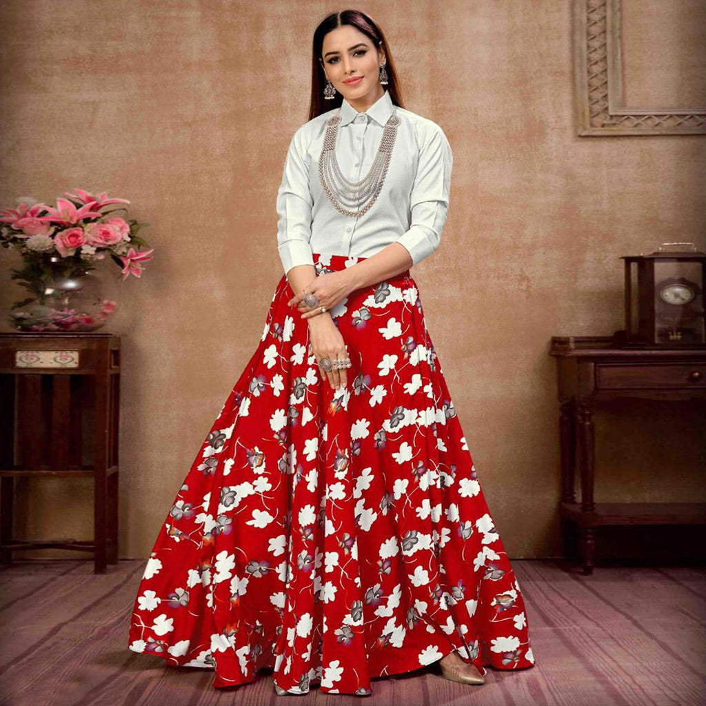 White-Red Printed Art Silk Top-Skirt Set