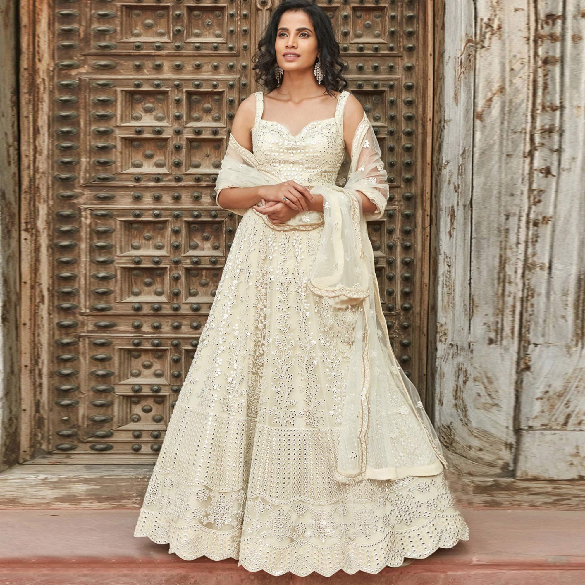 Beige Printed Organza Lehenga Choli