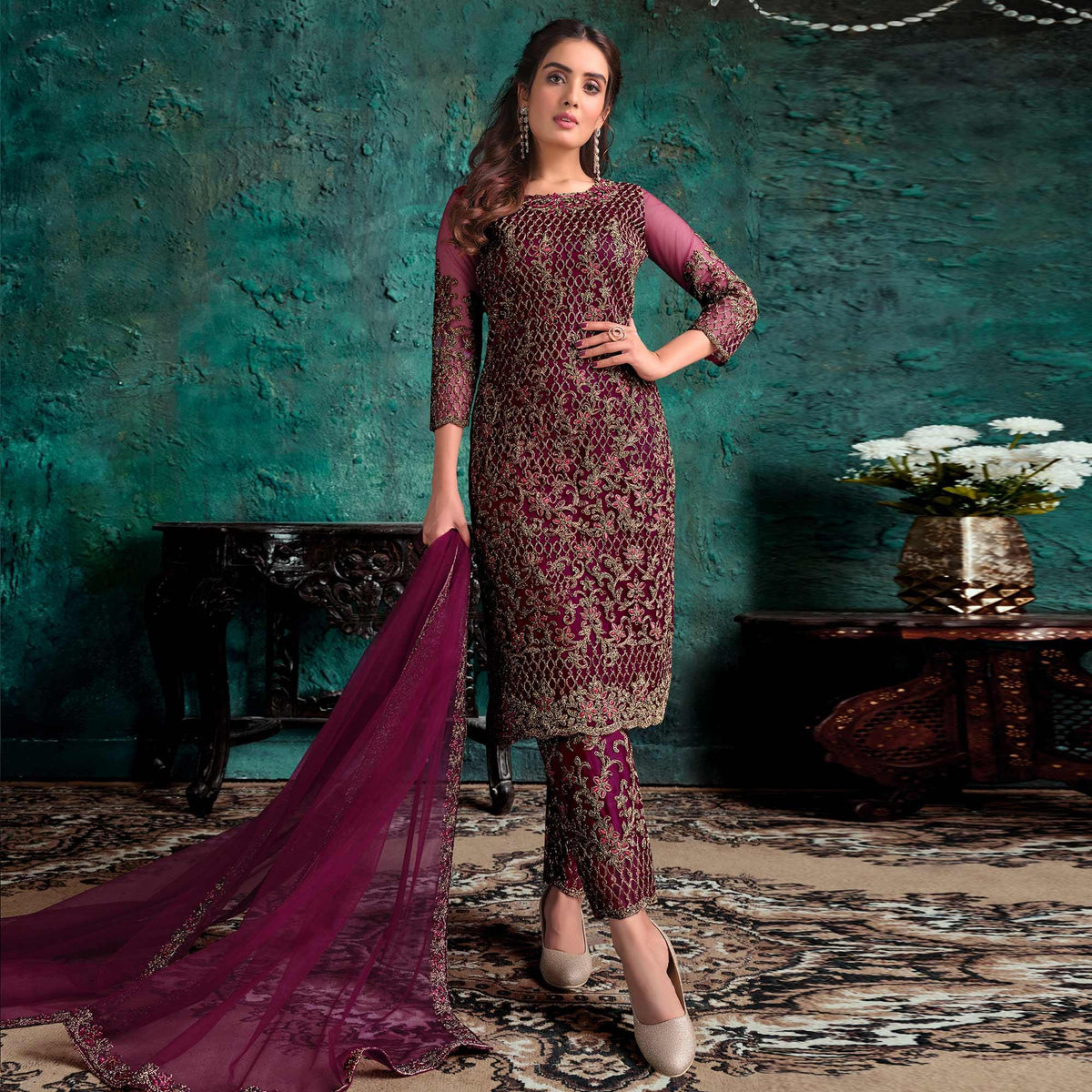 Wine Floral Embroidered Work Net Pakistani Suit