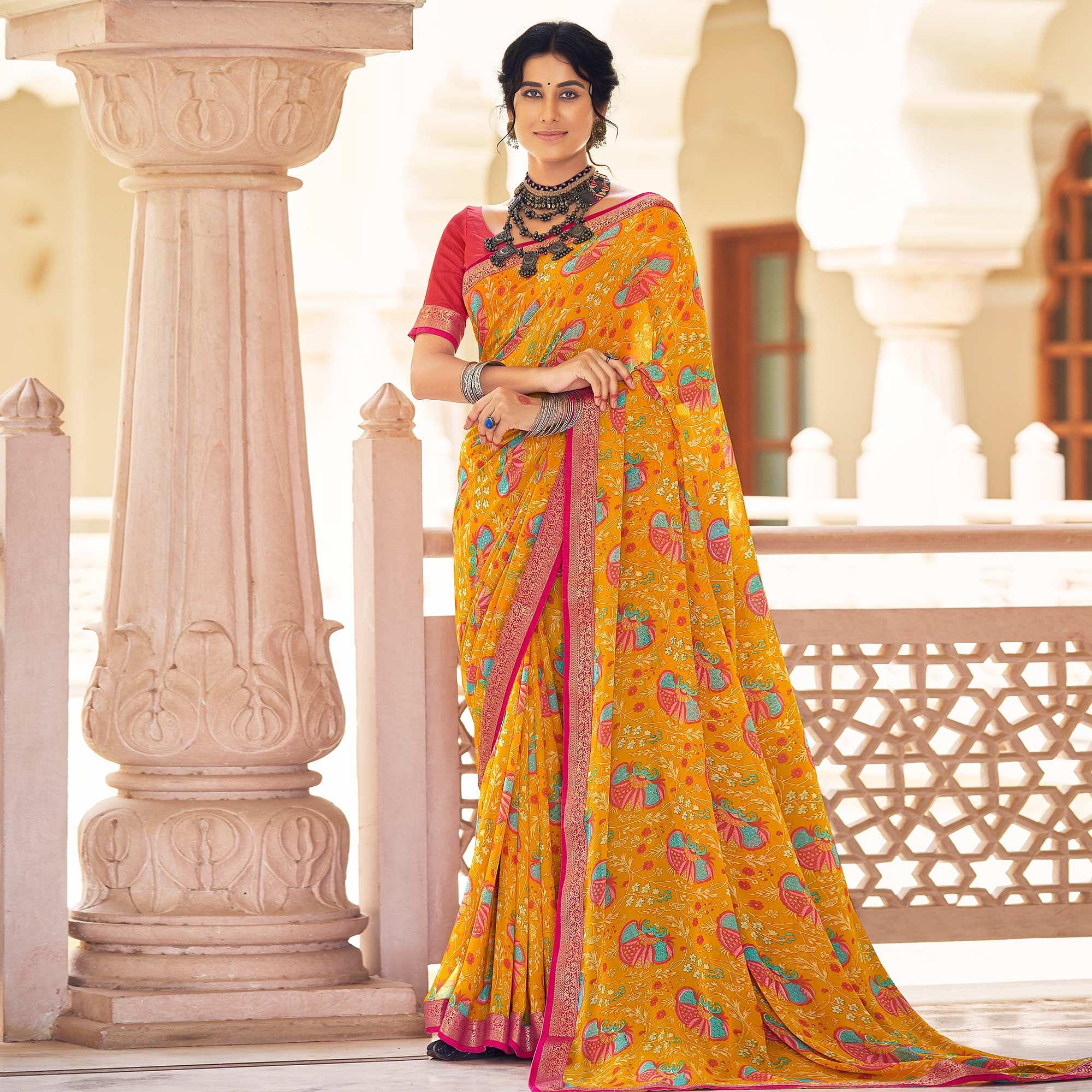 yellow casual wear printed weightless georgette saree peachmode 1 32babfb4 de60 4e7e 9eb8 9481cc289122