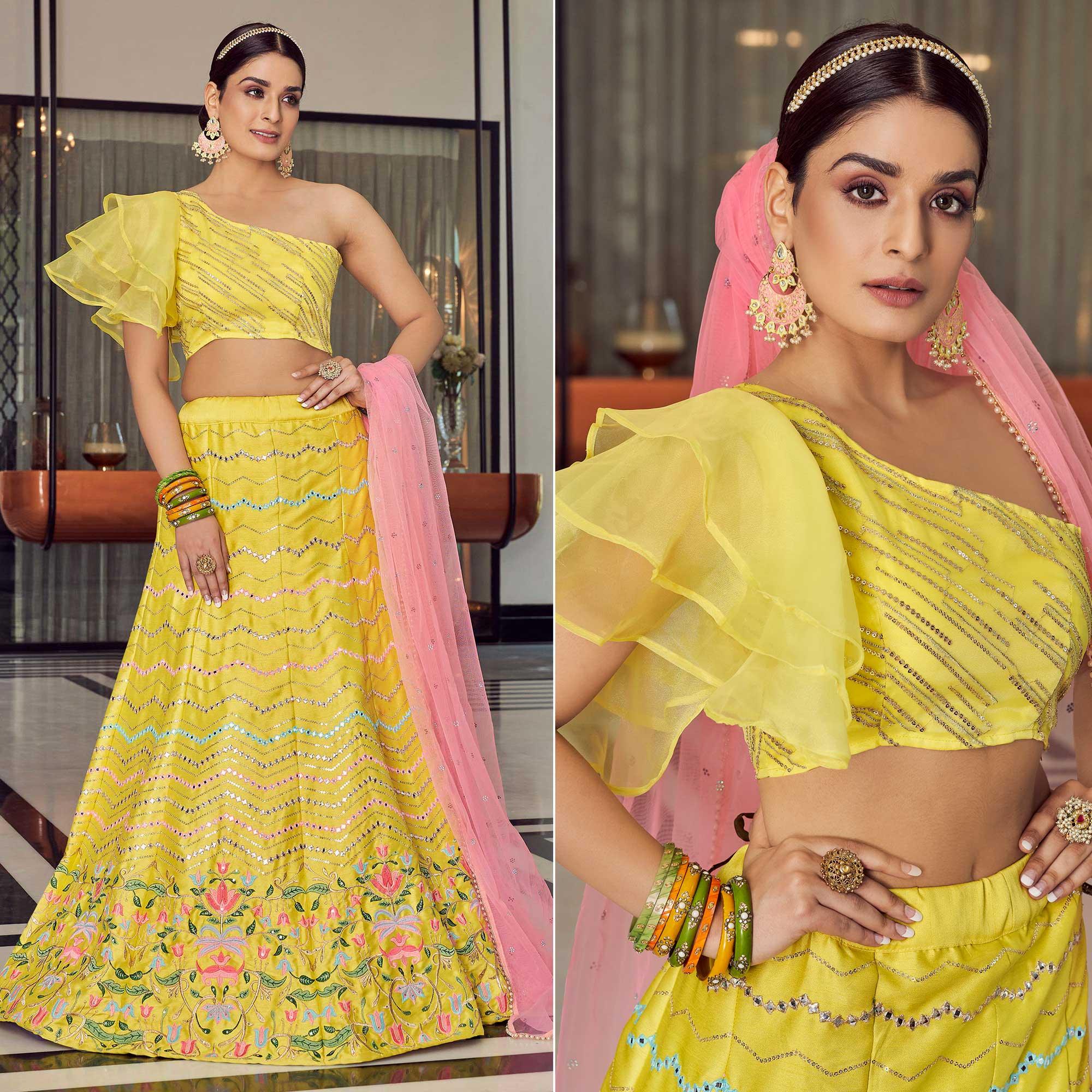 Yellow Embellished With Embroidered Art Silk Lehenga Choli