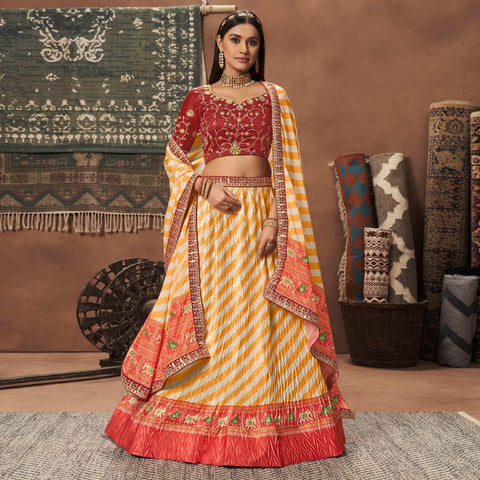 Yellow & Orange Partywear Floral Print With Sequins Embroidery Organza  Lehenga Choli