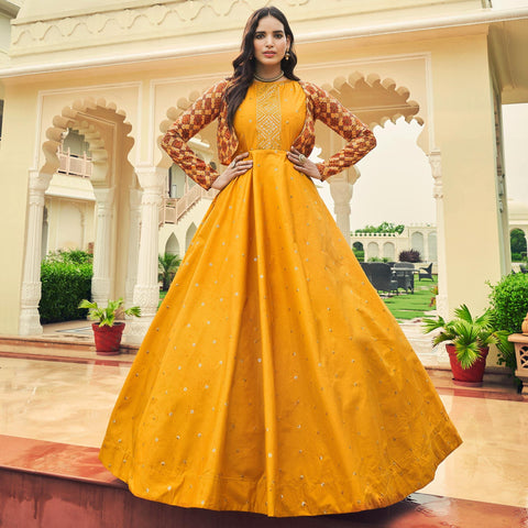 Peach Net Embroidered Long Anarkali Gown - Design Number