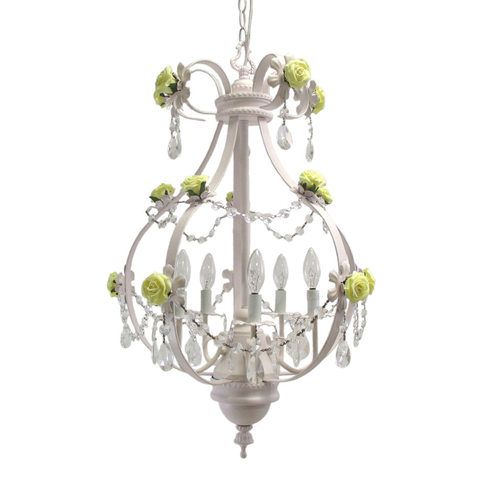 Trans Globe Lighting KDL-705 YL Five Light Chandelier in White Finish with Yellow Rose and Clear Crystal