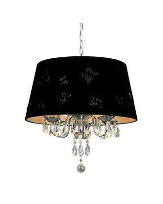 Trans Globe Lighting PND-610 BK Three Light Chandelier in Chrome Finish with Black Butterfly Shade and Crystal