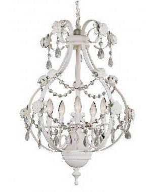 Trans Globe Lighting KDL-705 PK Five Light Chandelier in White Finish with Pink Rose and Clear Crystal