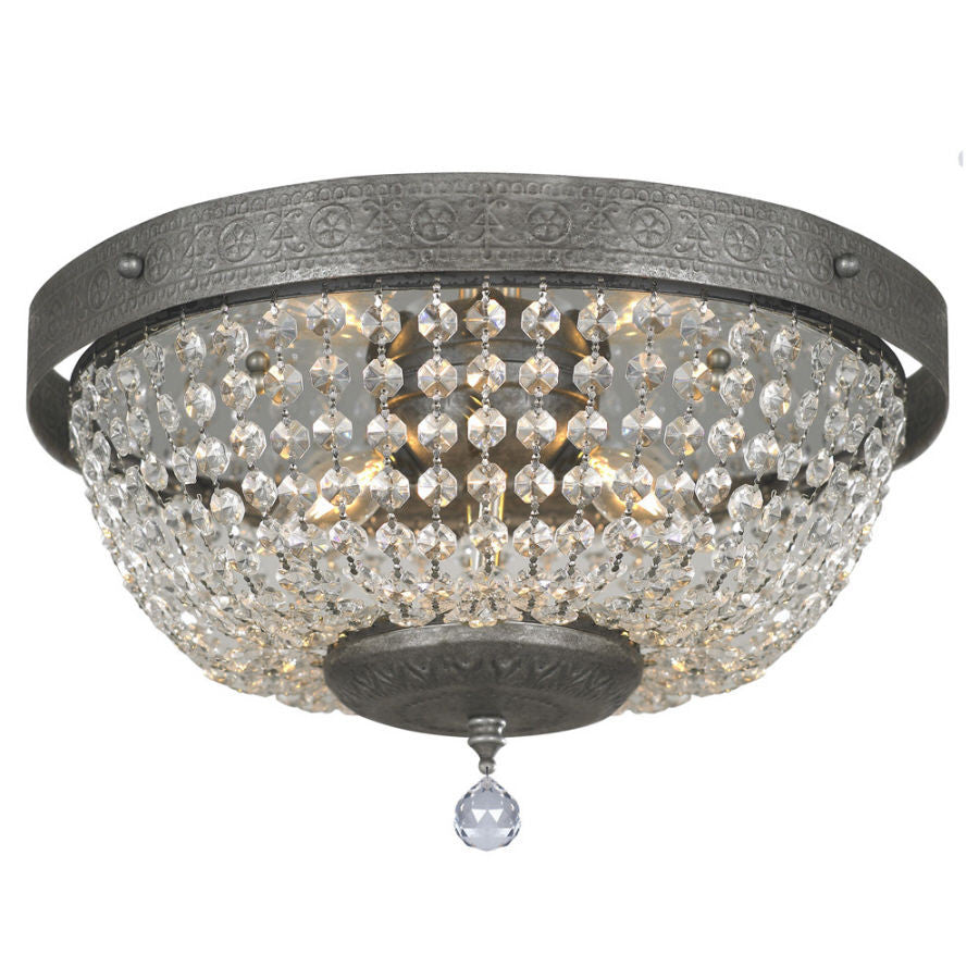 Trans Globe Lighting 9778 Three Light Flush Crystal Ceiling Fixture in Antique Pewter Finish