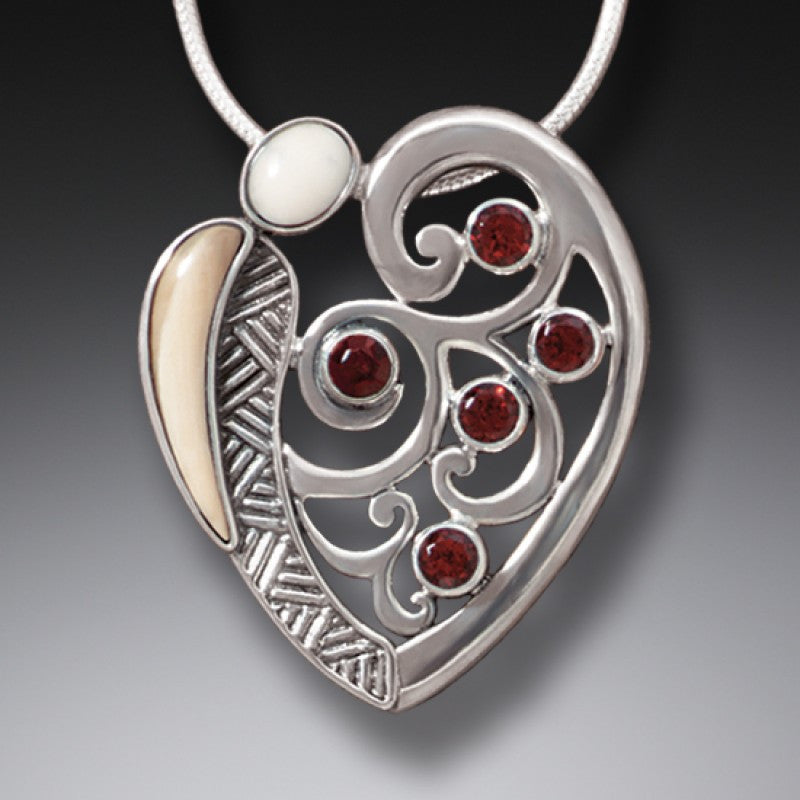 "Heart Song" Ancient Fossilized Walrus Tusk Ivory and Garnet Silver Pendant
