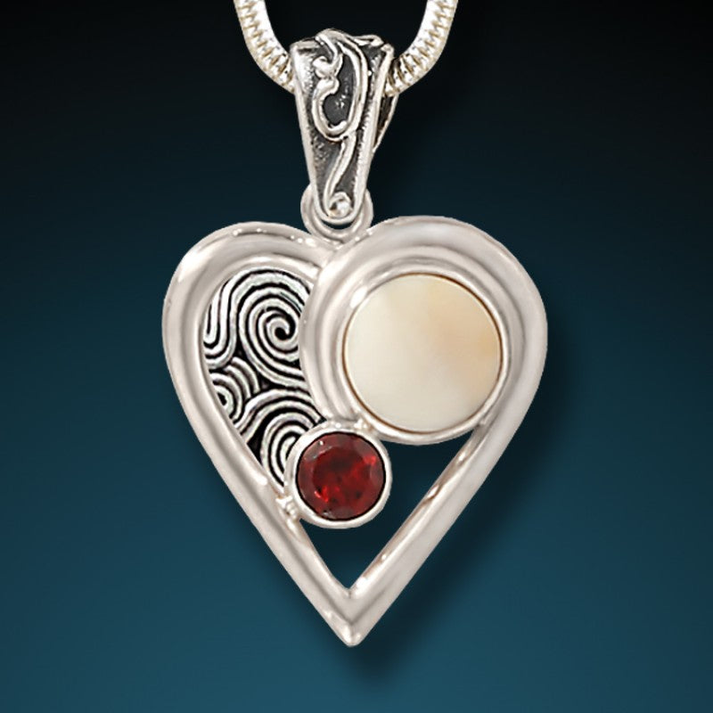 Heart, Silver Hand Pendant with Garnet