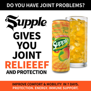 The words “Supple gives joint relieeef” next to Supple Drink can and glass of Supple on ice. Tip: Strong leg muscles help knee pain.
