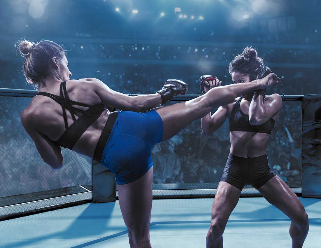 Two female MMA fighters in octagon, one head kicking. Supple Instant with glucosamine. Tip: Strong muscles help knee pain.
