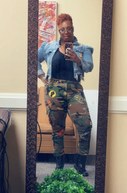 Distressed puff sleeve crop jean jacket (Army Cargo Pants sold separately)