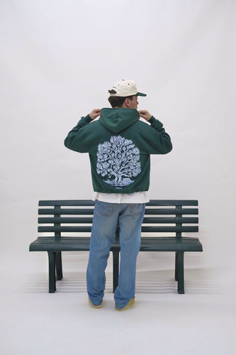 Heavyweight Oversized Boxy Tranquility Tree Hoodie - Forest Green/Ivory