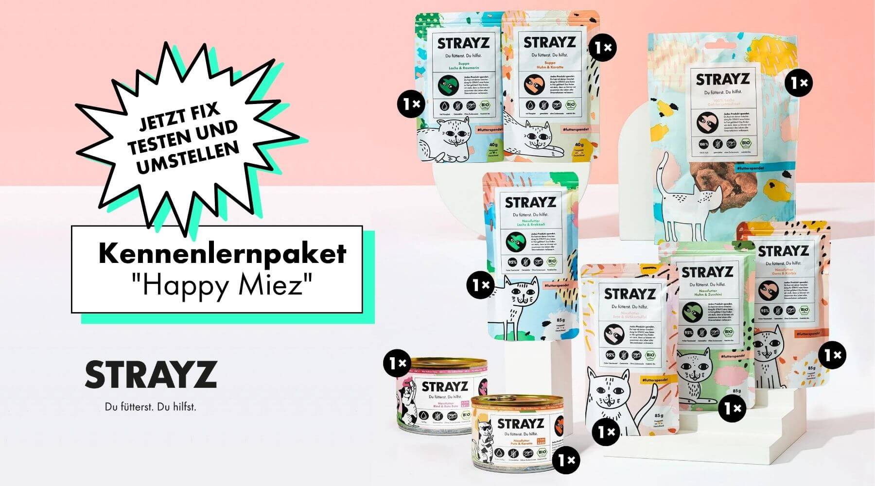 Kennenlernpaket Happy Miez von STRAYZ Bio Katzenfutter, das Paket für die Futterumstellung bei Katzen.