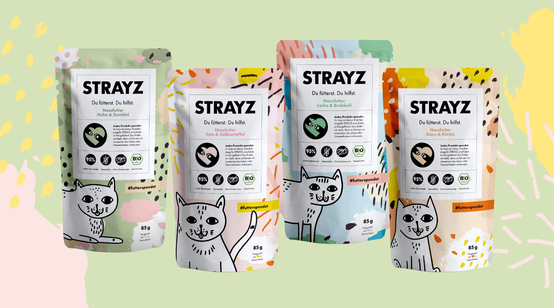 STRAYZ Bio-Nassfutter für Katzen in allen vier Sorten im 85g Beutel.