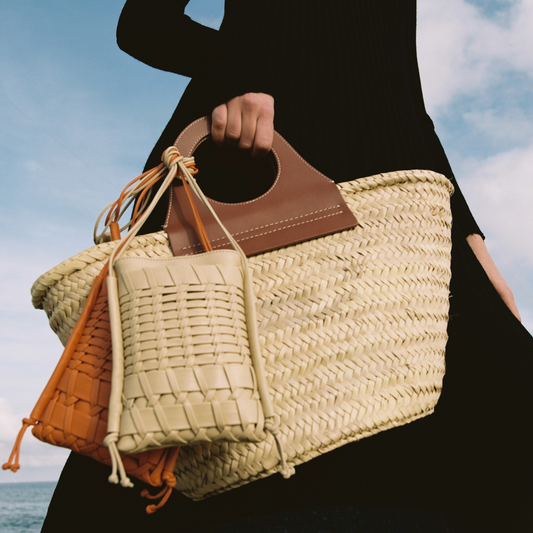 Hereu Straw Woven Leather Trim Circular Double Handle Tote Handbag Yellow Brown