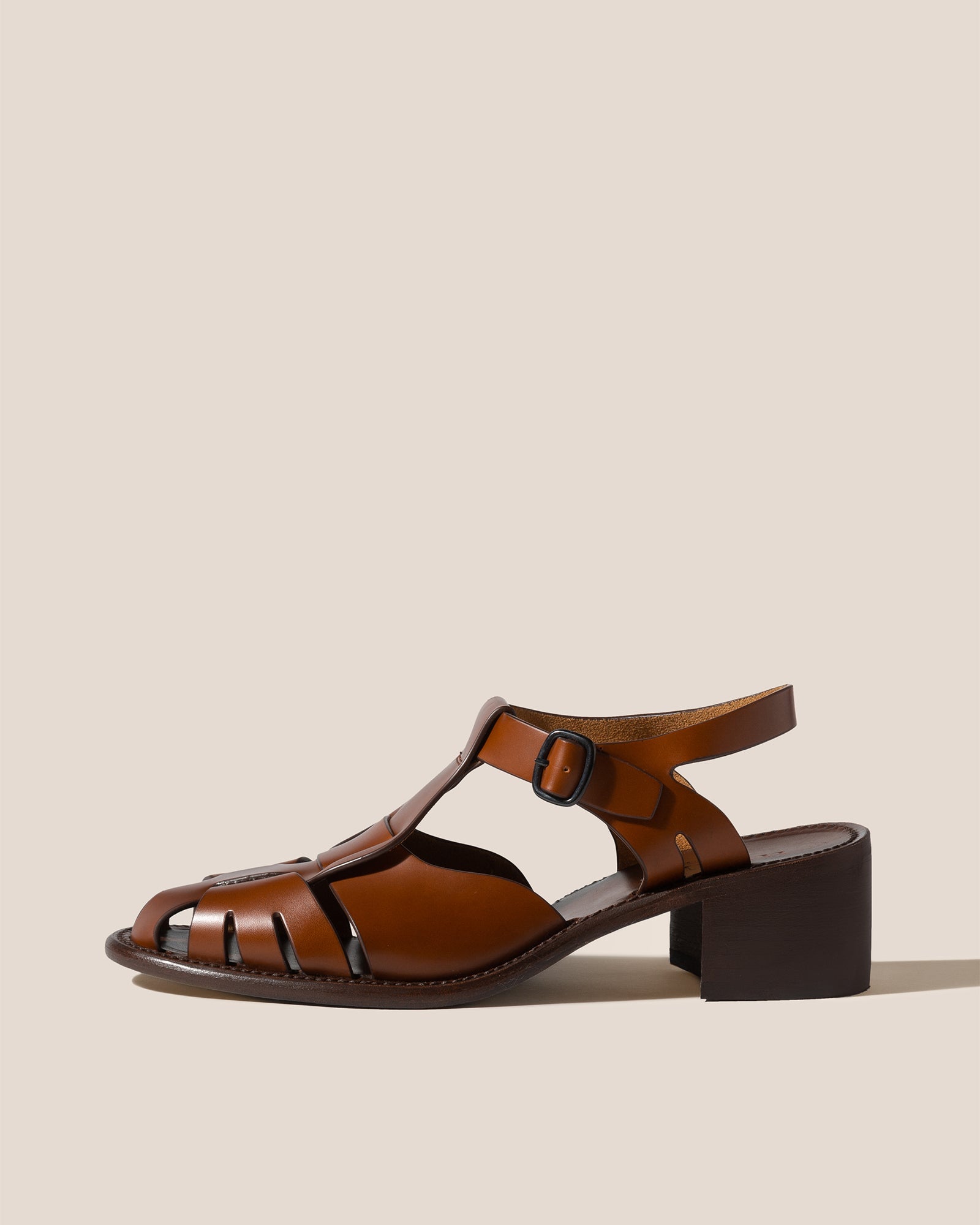Fialta Ankle Strap Low Heeled Sandals in Cognac