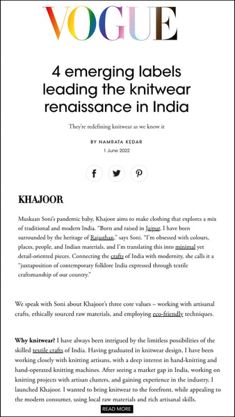 Khajoor Studio by Muskan Soni in interview with Vogue India as one of the emerging labels leading Knitwear renaissance in India