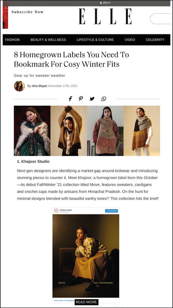 Khajoor Studio in Elle India as one of the homegrown labels for cosy winter fits