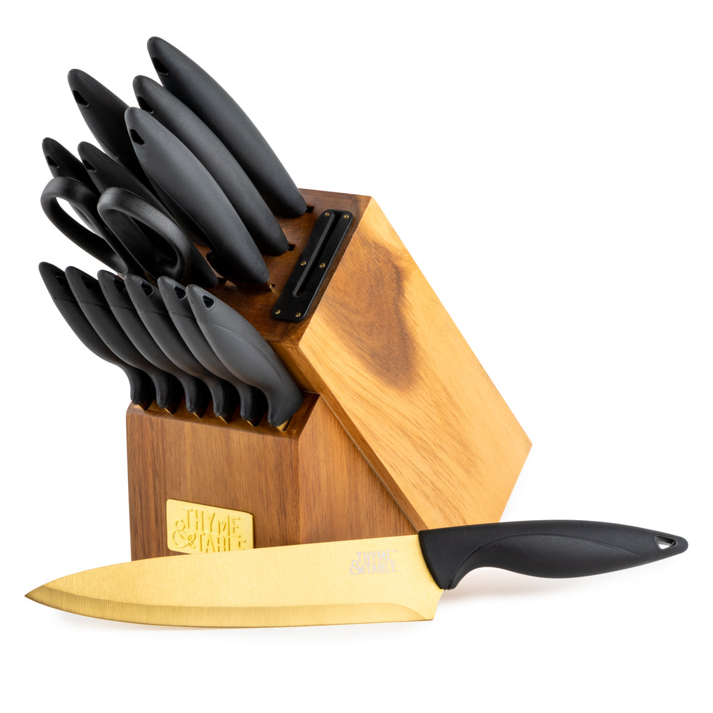 Yoleya 15 Piece Kitchen Steel Knife Set With Non Stick Coating, Wooden  Storage Block, Santoku, Steak, Slicing, Paring, Chef, And Utility Knives,  Black : Target
