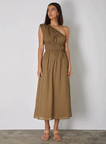 Linen taupe one shoulder dress from Outline Clothing