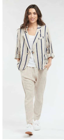 Harlequin linen jacket oatmeal and navy stripes from Outline Clothing