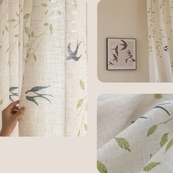 Serene Swallow Botanical Semi Sheer Custom Curtain