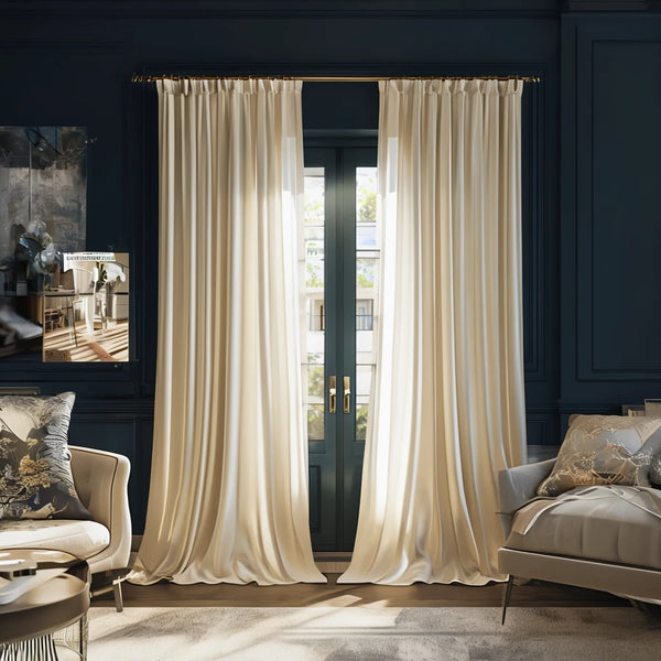 cream curtains for dark blue wall