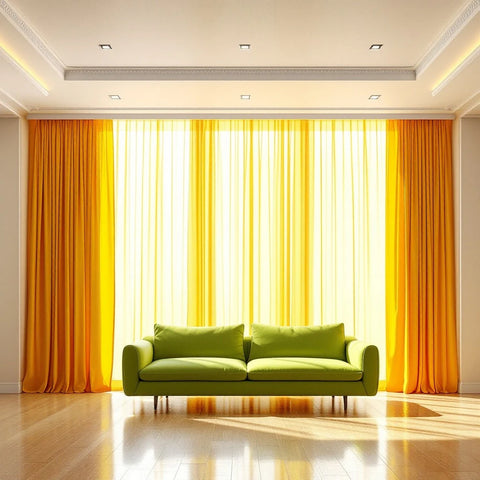 green sofa with sunny yellow curtains